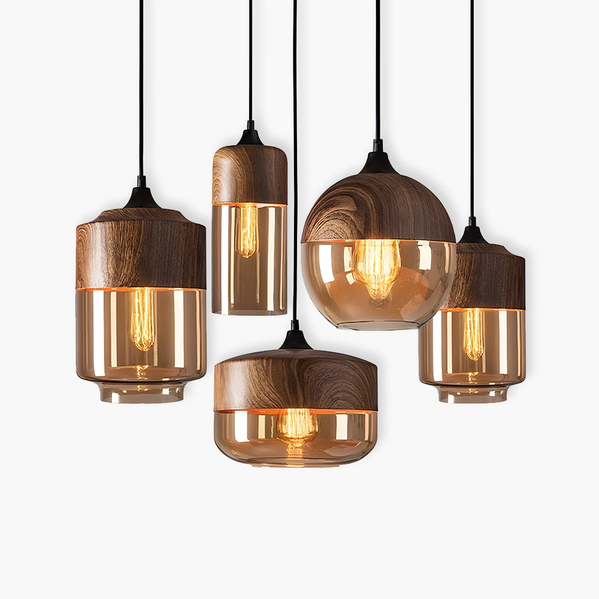 Lampa wisząca FUSIO — drewno i szkło bursztynowe, mix&match | Norivo Norivo