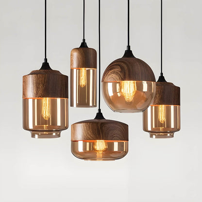 Lampa wisząca FUSIO — drewno i szkło bursztynowe, mix&match | Norivo Norivo