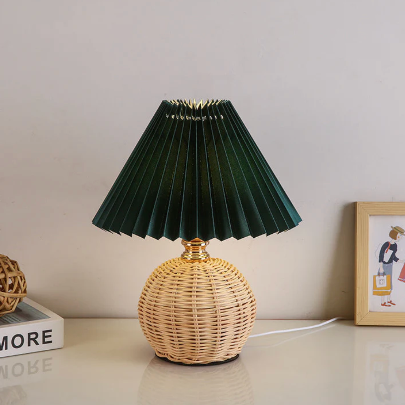 Lampka stołowa z plecioną podstawą — boho, plisowany abażur, 7 kolorów | Norivo Norivo
