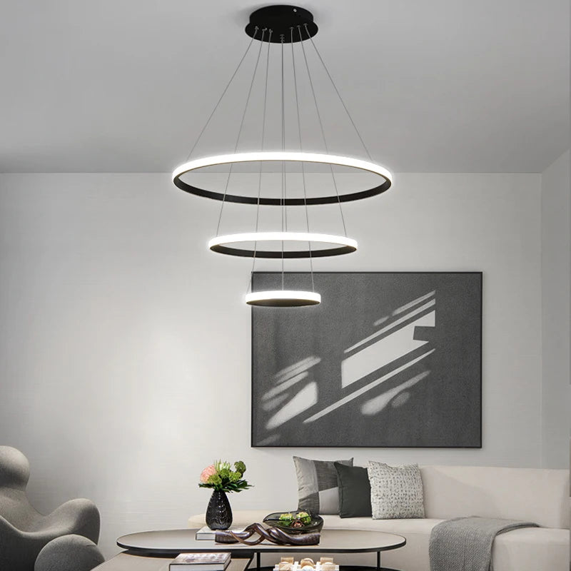 Designerska lampa wisząca LED — żyrandol z formą pierścieni 3D | Norivo Norivo